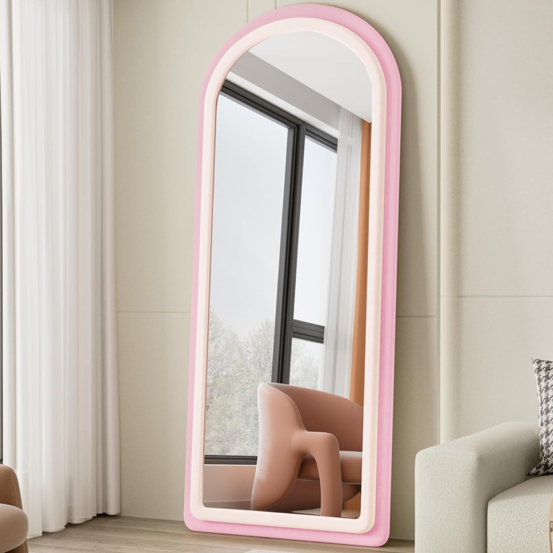 Gold Arched Standing Mirror, Thin Metallic Frame, Freestanding U-Stand