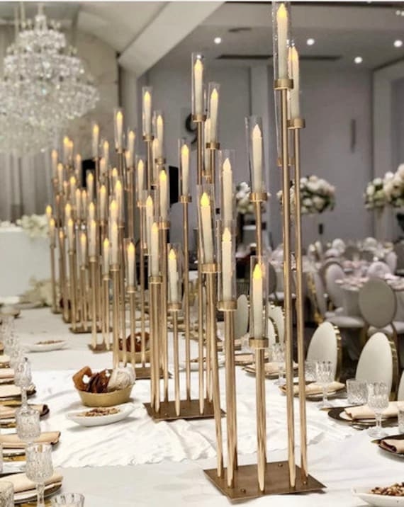 Gold Candelabra Eight Arm Metal Protective Sleeves Glam Wedding Decor