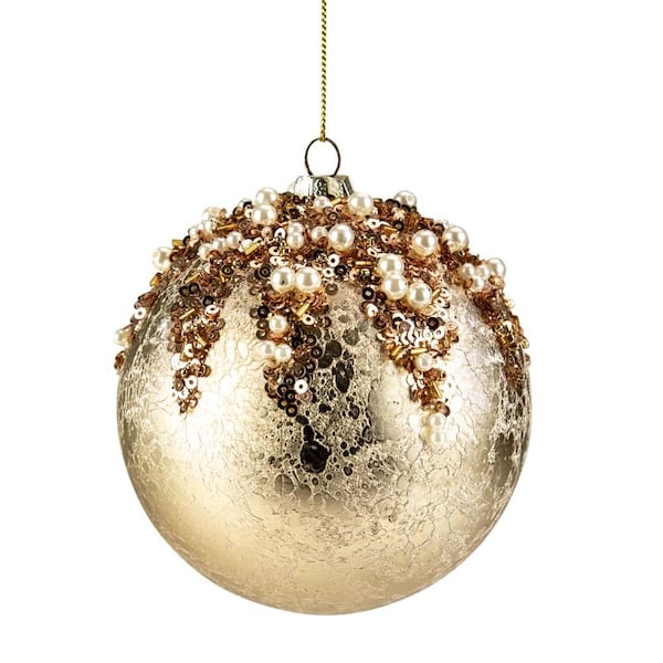 Gold Christmas Ornament with Mercury Glass Finish and Beaded Texture