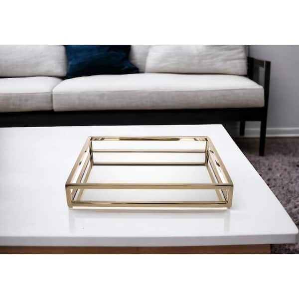 Gold Decorative Tray Grid Pattern Base Integrated Handles Textured