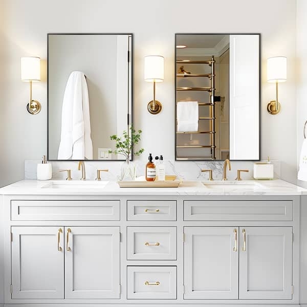 Gold Framed Vanity Mirror Duo: Polished Arched Contemporary Set