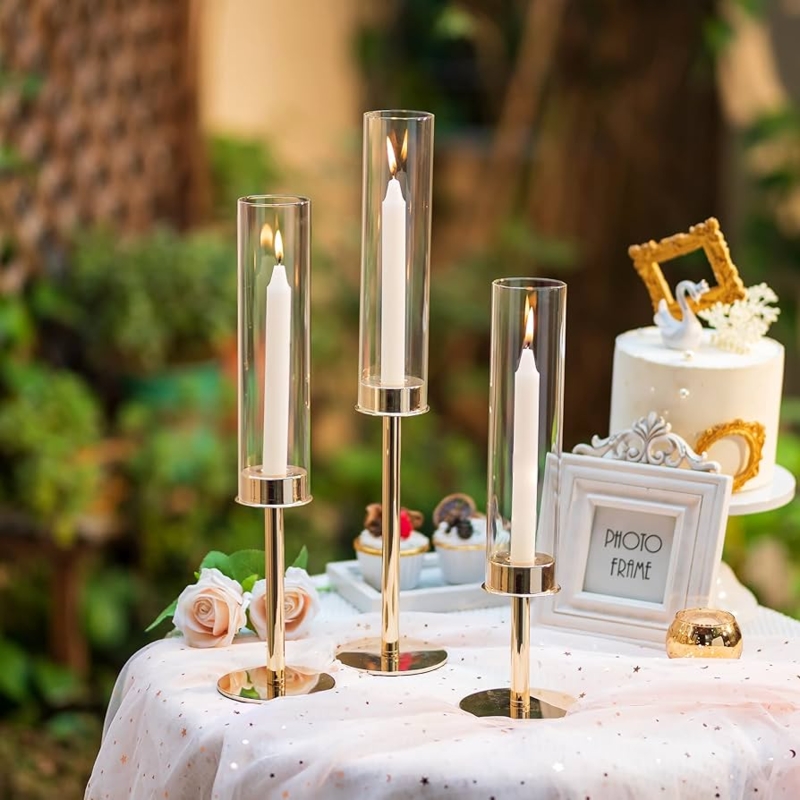 Gold Hurricane Candlestick Set, Polished Finish & Graduated Heights