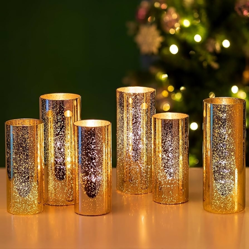 Gold Mercury Glass Hurricane Candle Holder Set Mottled Finish Glam