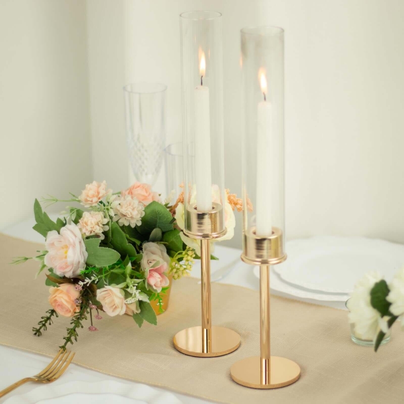 Gold Metal Candlestick Holder Set Glass Hurricane Chimney Polished