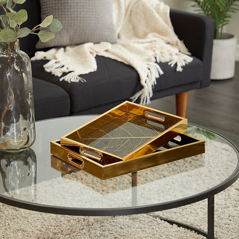 Gold Rectangular Trays (Set of 2), Crinkled Texture Vanity Organizer