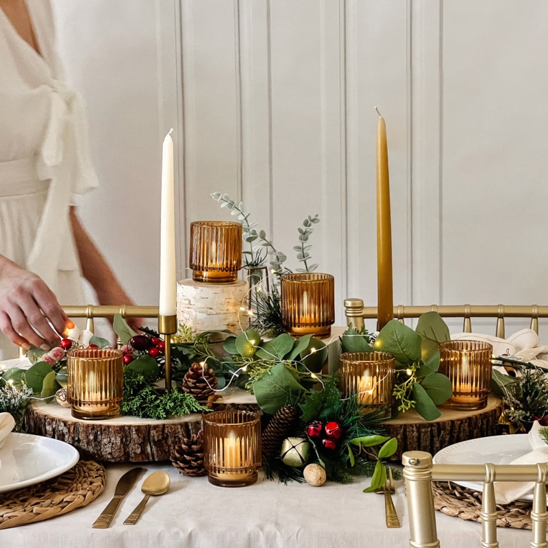 Gold Rim Votive Candle Holder Amber Glass Fluted Rustic Wedding Styling
