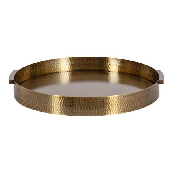 Gold Round Tray with Pierced Leaf Openwork Rim, Botanical Motif Decor