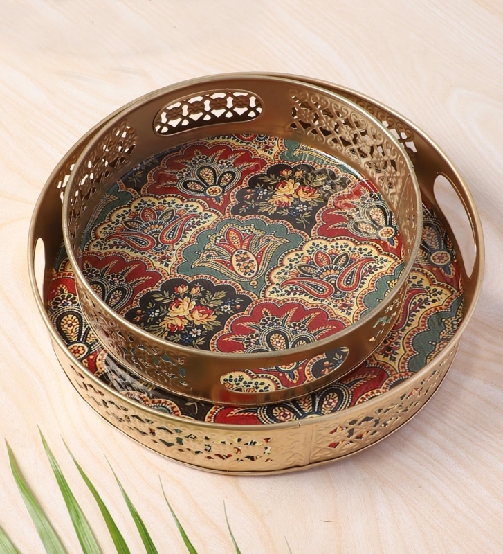 Gold Serving Tray Set Nested Metal Elephant Motif Laser Cut Traditional