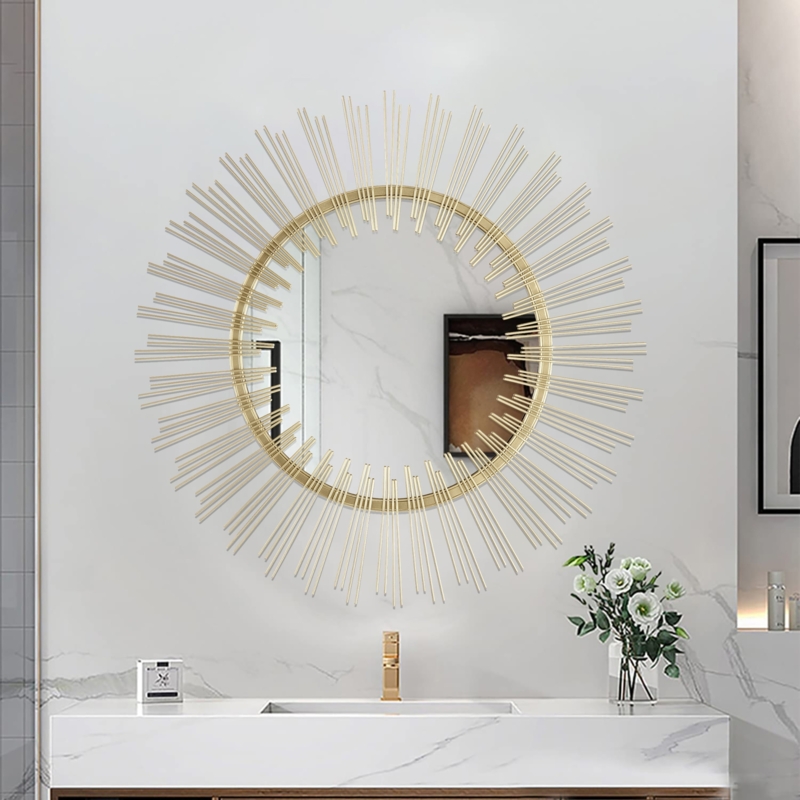 Gold Sunburst Wall Mirror with Alternating Rays for Mid-Century Glam