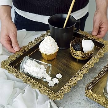 Gold Toned Decorative Tray featuring Pierced Gallery and Ornate Handles.