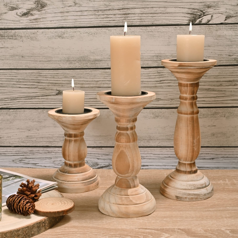 Graduated Wood Candle Holder Set for Farmhouse Fireplace Mantel Decor