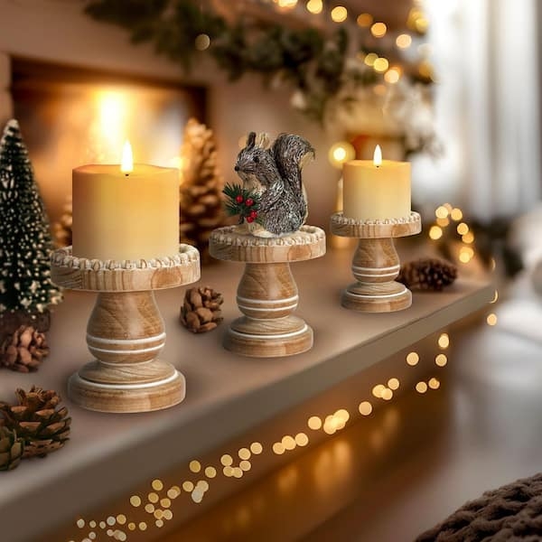 Graduated Wood Candle Holders with Turned Silhouette for Rustic Display.