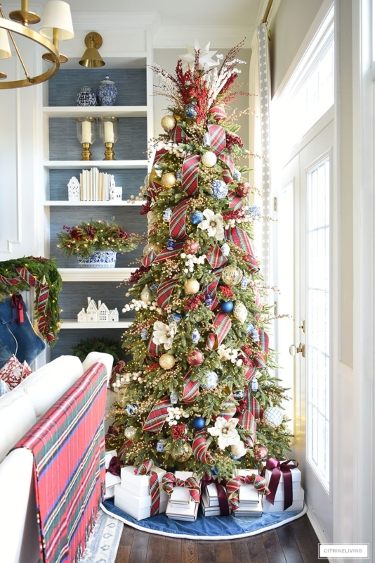Grand Scale Christmas Tree with Blue and Silver Theme