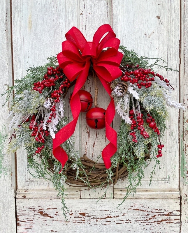 Grapevine Christmas Wreath with Jingle Bells and Plaid Bow