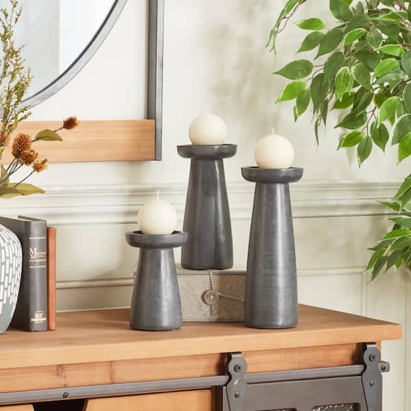 Gray Turned Pillar Candle Holders Set Distressed Wood Decor
