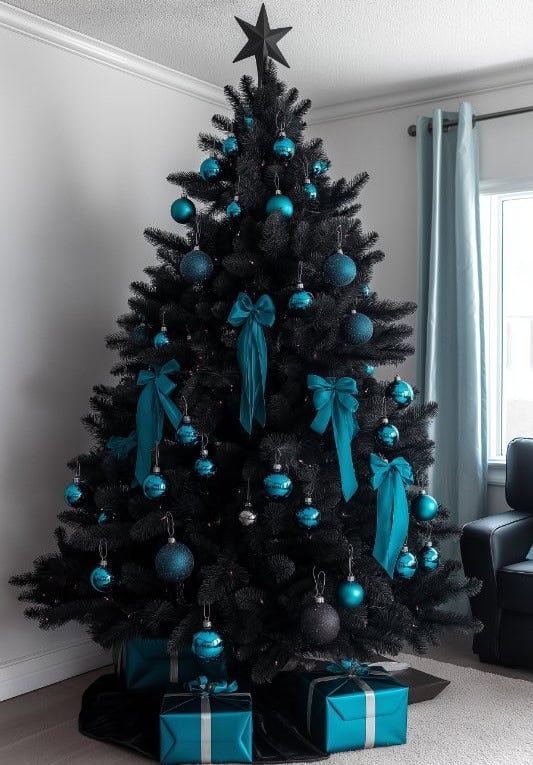 Green Christmas Tree Black Ribbon Accents Moody Minimalist Decor