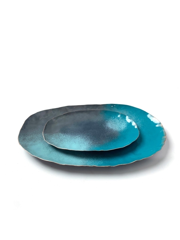 Grey Teal Decorative Tray Rectangular Stackable Folded Metal Industrial