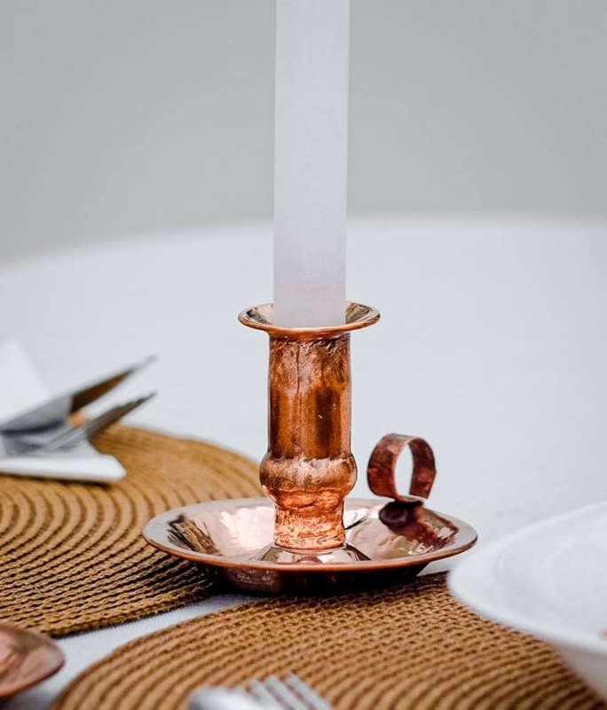 Hammered Copper Pillar Candle Holder with Loop Handle Rustic Boho Accent