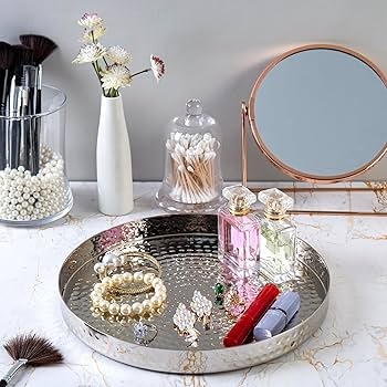 Hammered Silver Decorative Tray, Round Metal with Raised Rim