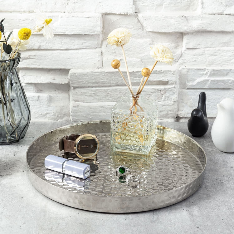 Hammered Silver Vanity Tray, Round Modern Metallic Decorative Platter
