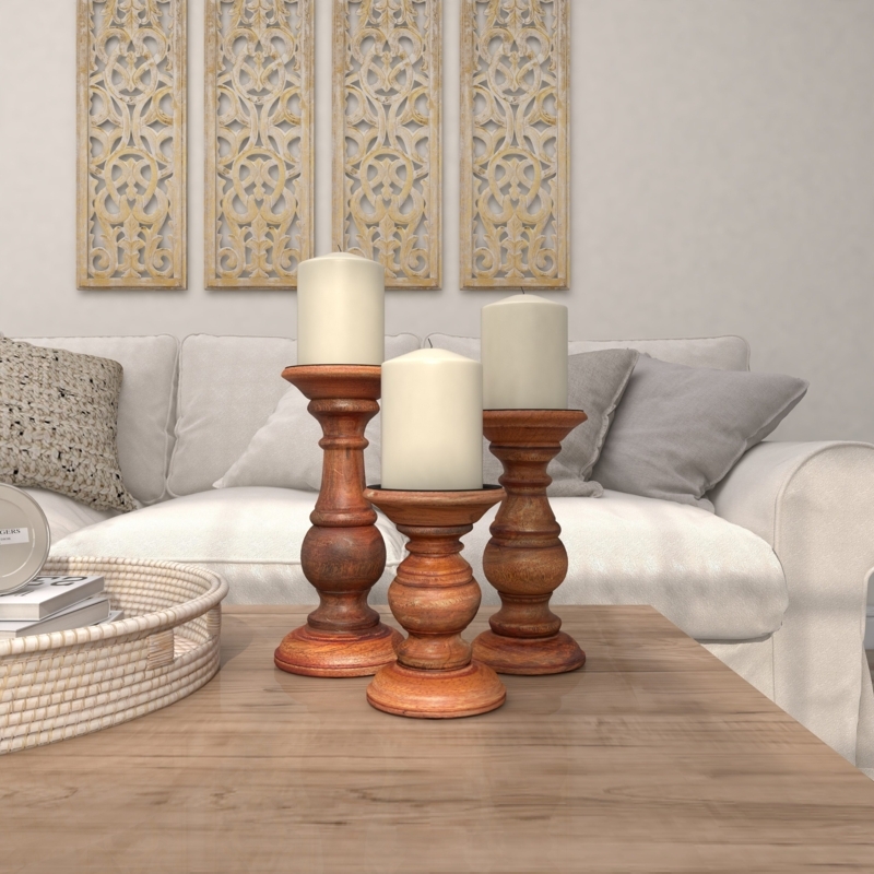 Hand Carved Wood Candle Holder Set with Natural Grain Texture.