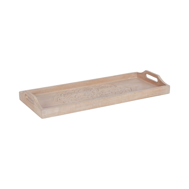 Hand Carved Wood Decorative Tray Black Metal Handles Elongated Boho