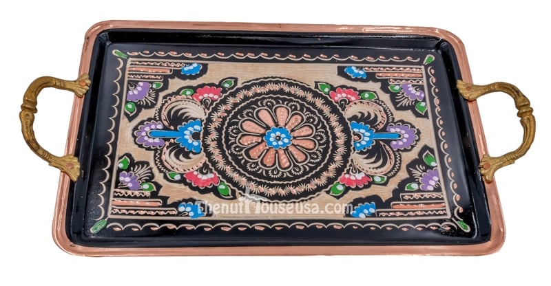 Hand Engraved Copper Serving Tray Circular Turkish Polished Artisanal