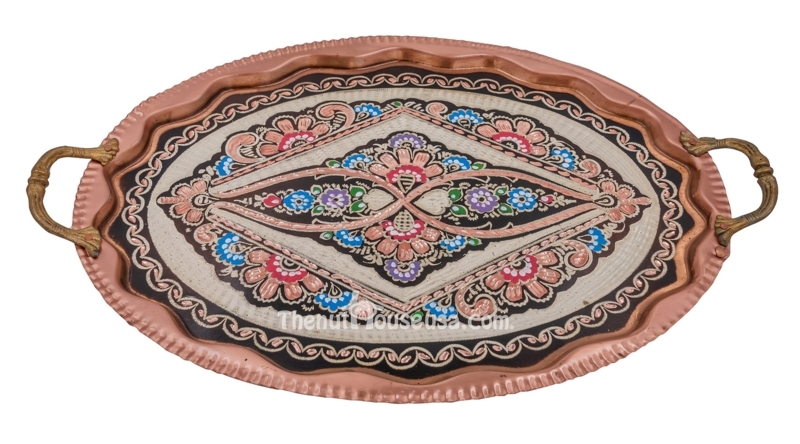 Hand Etched Copper Serving Tray Cutout Rim Handles Circular Polished