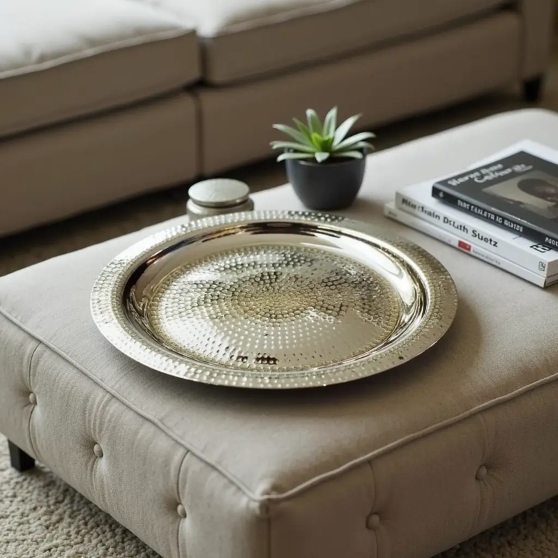Hand Hammered Silver Decorative Tray Etched Rim Round Moroccan Metal