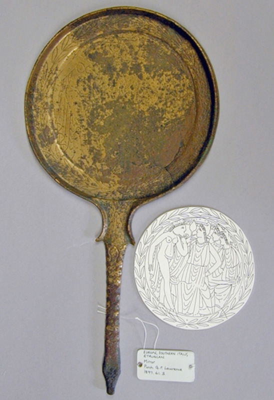 Hand Mirror Verdigris Patina Sculpted Figural Handle, Ancient Artifact.