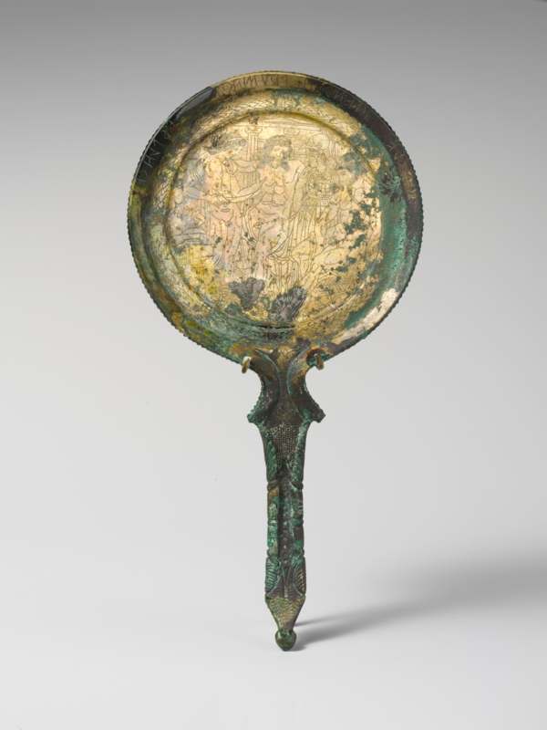 Hand Mirror with Figural Handle and Antique Patina, Classical Style.