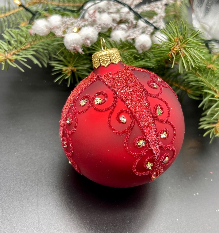 Hand Painted Glass Ornaments, Red with White Botanical Floral Print