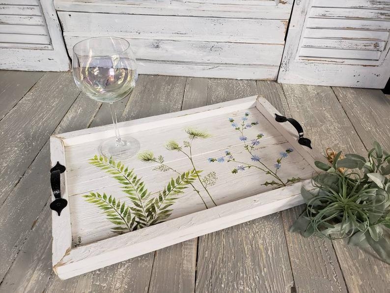 Hand Painted Wildflower Decorative Tray on Distressed Wood