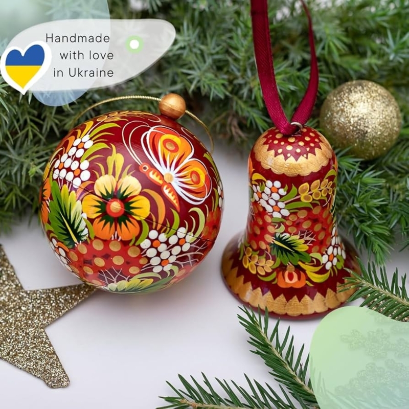 Hand-Painted Wooden Christmas Ornaments, Ukrainian Folk Art Style