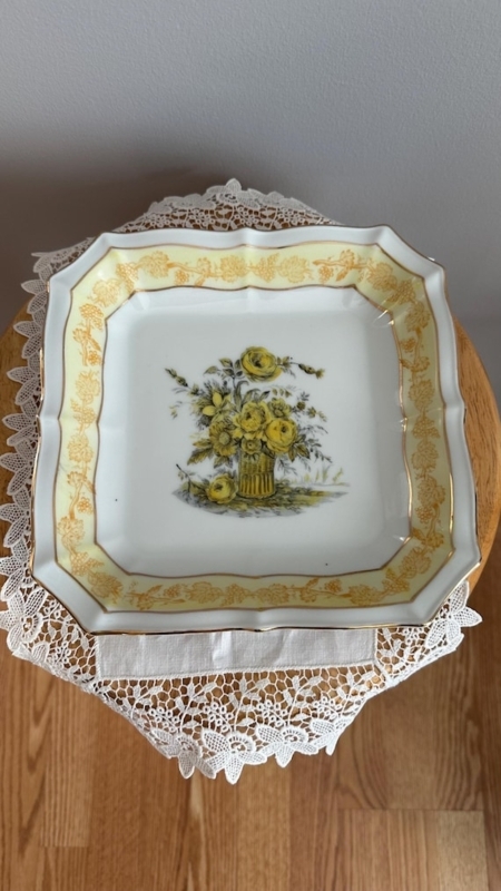 Hand Painted Yellow Roses Porcelain Platter with Gilded Trim