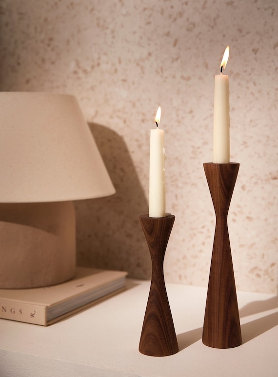Hand Turned Walnut Candlestick Holder Pair Wood Grain Tapered
