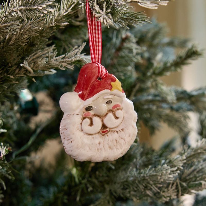 Handcrafted Stoneware Santa Ornament Textured Beard Bell Detail