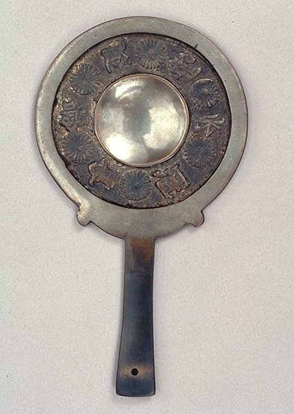 Handheld Mirror Antique Japanese Patinated Bronze, Relief Carving.