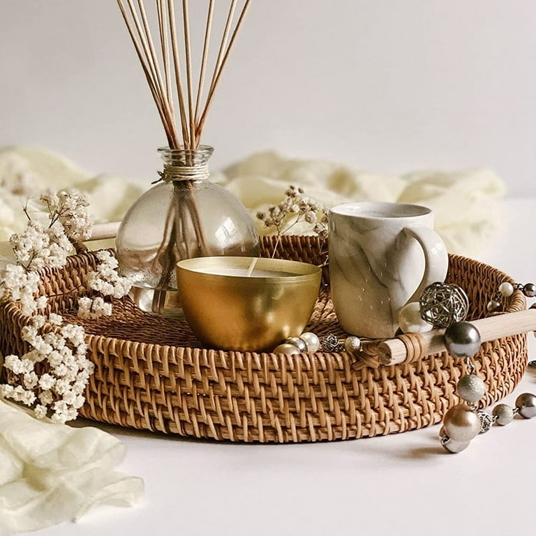 Handwoven Rattan Serving Tray with Braided Rim for Farmhouse Decor