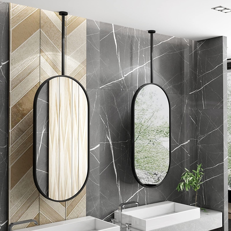 Hanging Mirror Oval Ceiling Mounted Vertical Rod Metal Matte Industrial