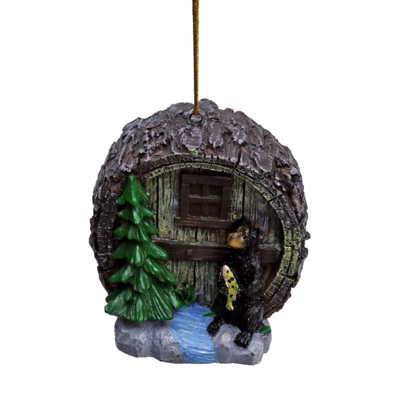 Hanging Ornament: Resin Bear & Log Cabin, Sculpted Texture, Gold Cord