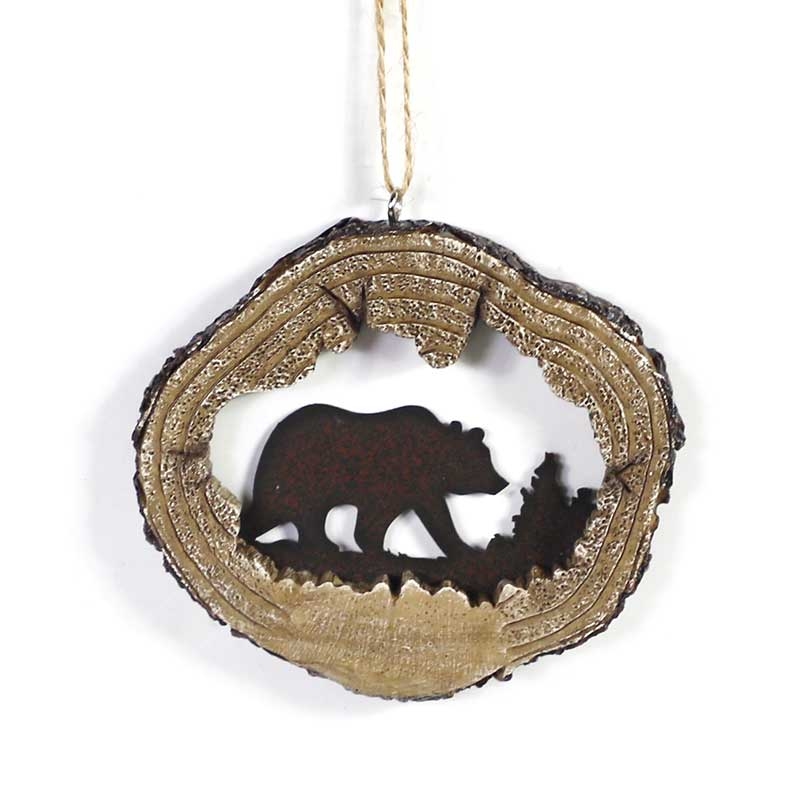Hanging Ornament Resin Log Slice: Bear Silhouette, Mountain Peaks