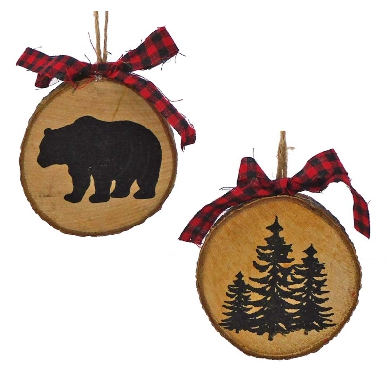 Hanging Ornament Wood Slice: Etched Pine Trees, Natural Bark Edge