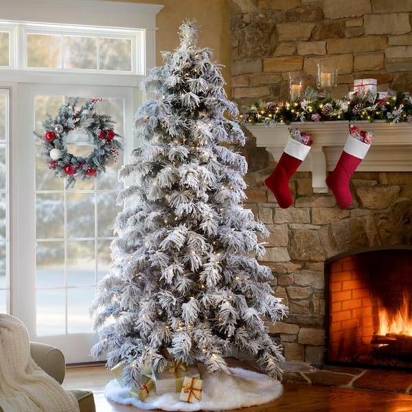 Heavily Flocked Artificial Christmas Tree Warm LED Lights Cozy Living Room