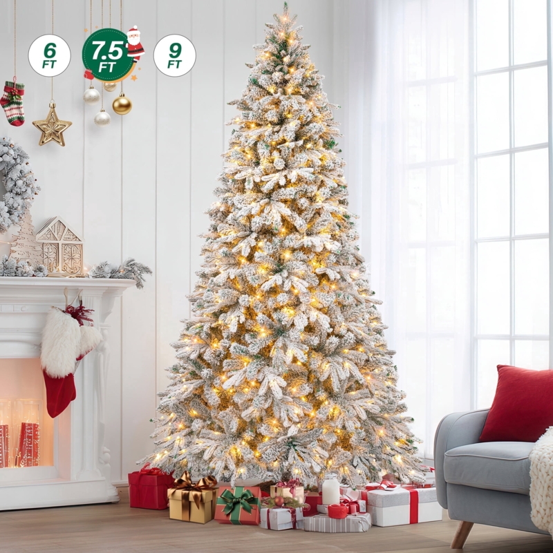 Heavily Flocked Artificial Christmas Tree with Ribbon and Snowflakes