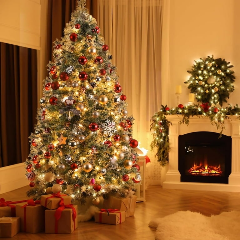 Heavy Snow Flocked Tree, 8 Foot Tall, Warm Integrated Lights, Festive.