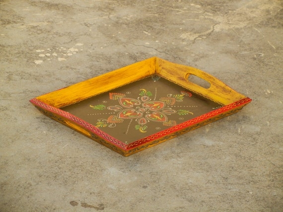 Hexagonal Decorative Tray Hand Painted Patterns Teal Bohemian Wood