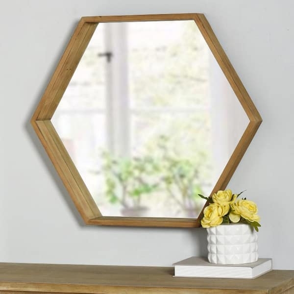 Hexagonal Wall Mirror Deep Set Natural Wood Geometric Modern
