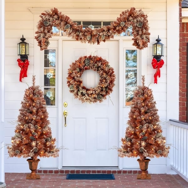 Holiday Decor Set Coordinated, Red Ribbon & Pinecone Accents Pedestal Pots