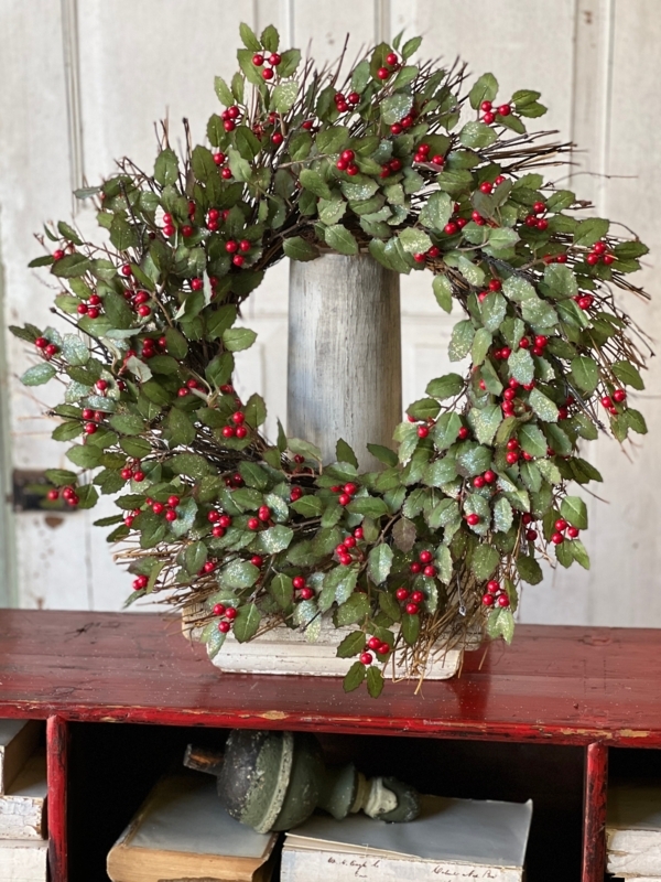 Holiday Door Decor Wreath with Holly Leaves and Red Berries